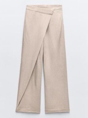 Zara Light Beige Wrap-Front Wide Leg Pants linen